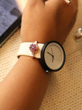 Round Analog Watch With Amethyst Watch Charm - White