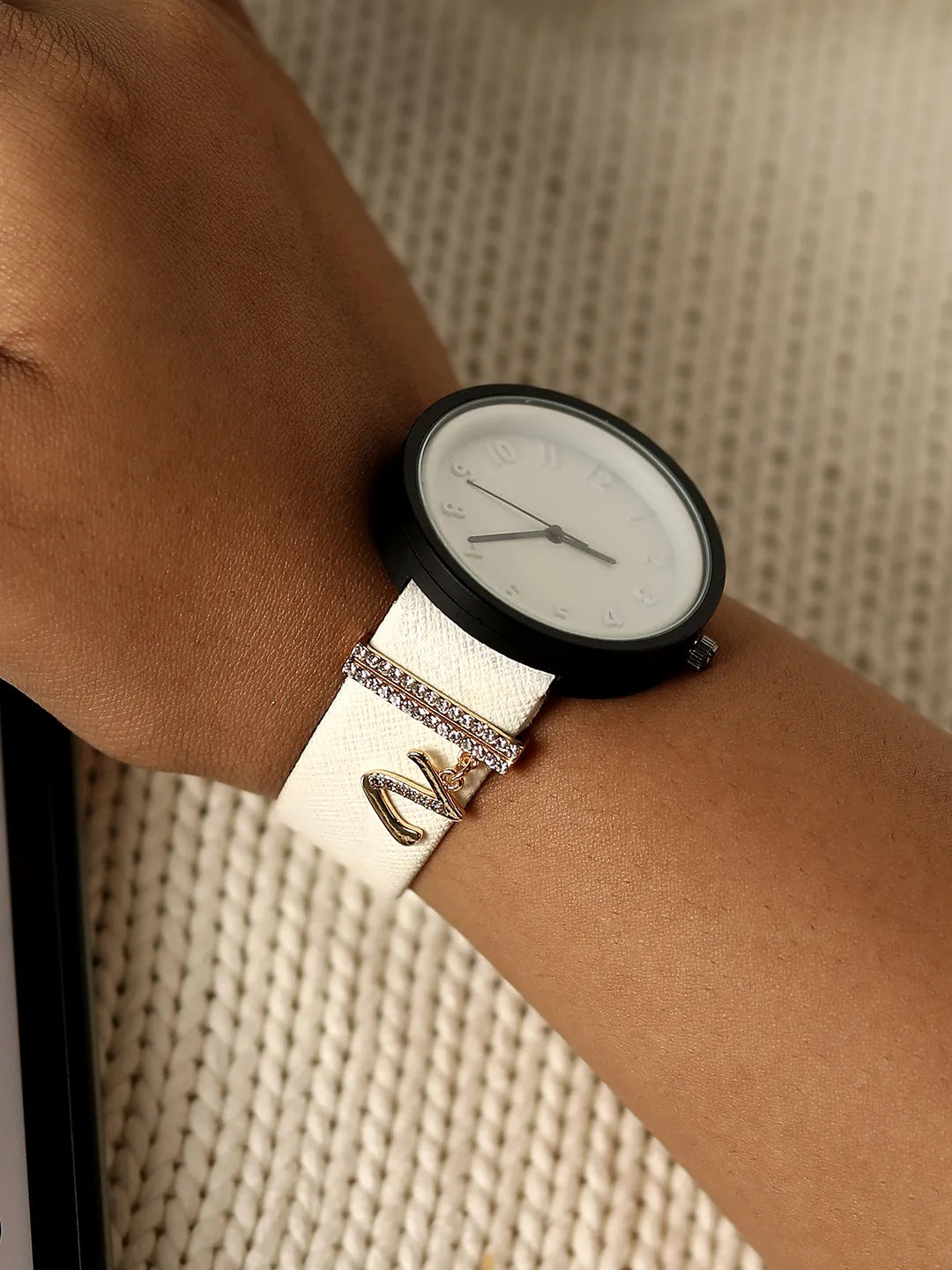 Round Analog Watch With Z Liberty Initial Watch Charm - White