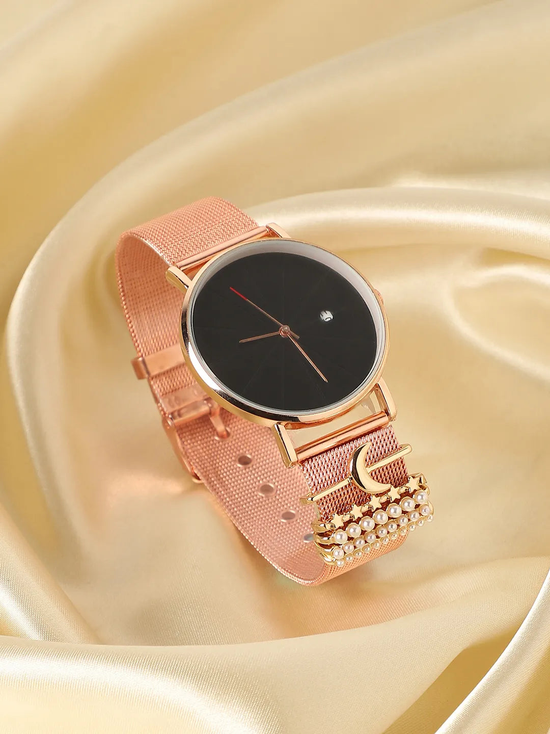 Haute Sauce Round Analog Watch With Crescent Moon Watch Charm - Rose Gold