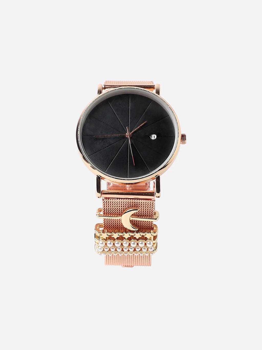 Haute Sauce Round Analog Watch With Crescent Moon Watch Charm - Rose Gold