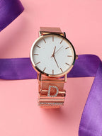 Haute Sauce Round Analog Watch With D Initial Watch Charm - Rose Gold