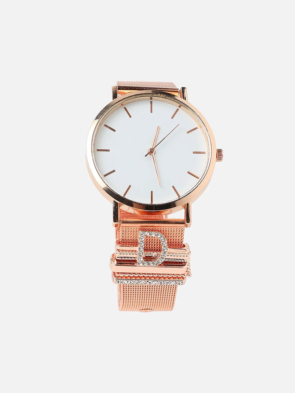 Haute Sauce Round Analog Watch With D Initial Watch Charm - Rose Gold