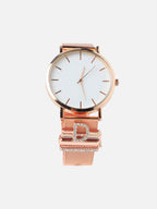 Haute Sauce Round Analog Watch With D Initial Watch Charm - Rose Gold