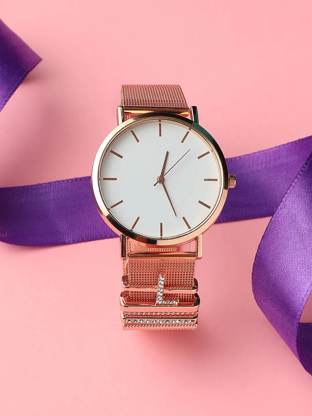 Haute Sauce Round Analog Watch With L Initial Watch Charm - Rose Gold