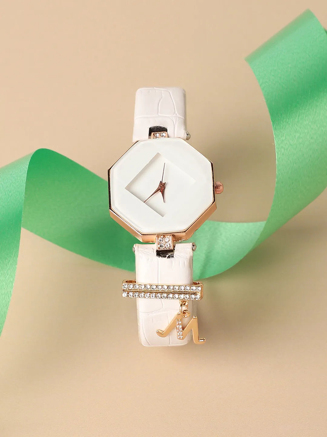 Haute Sauce Hectagon Analog Watch With M Liberty Initial Watch Charm - White