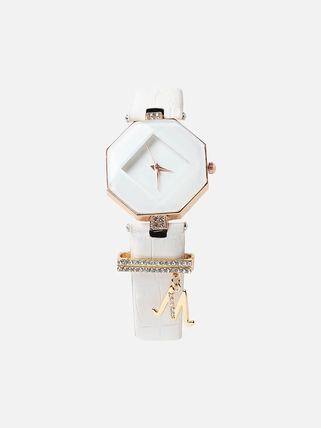 Haute Sauce Hectagon Analog Watch With M Liberty Initial Watch Charm - White