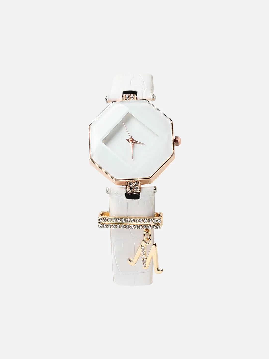 Haute Sauce Hectagon Analog Watch With M Liberty Initial Watch Charm - White