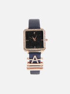 Square Analog Watch With A Initial Watch Charm - Black