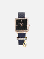 Square Analog Watch With G Liberty Initial Watch Charm - Black