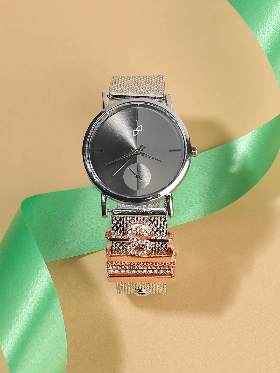 Haute Sauce Round Analog Watch With S Initial Watch Charm - Silver