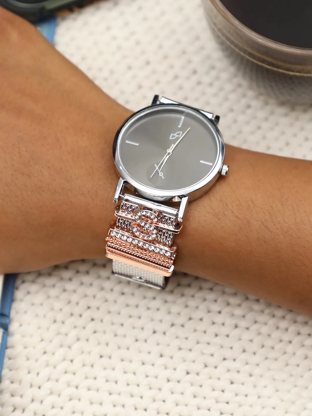 Haute Sauce Round Analog Watch With S Initial Watch Charm - Silver