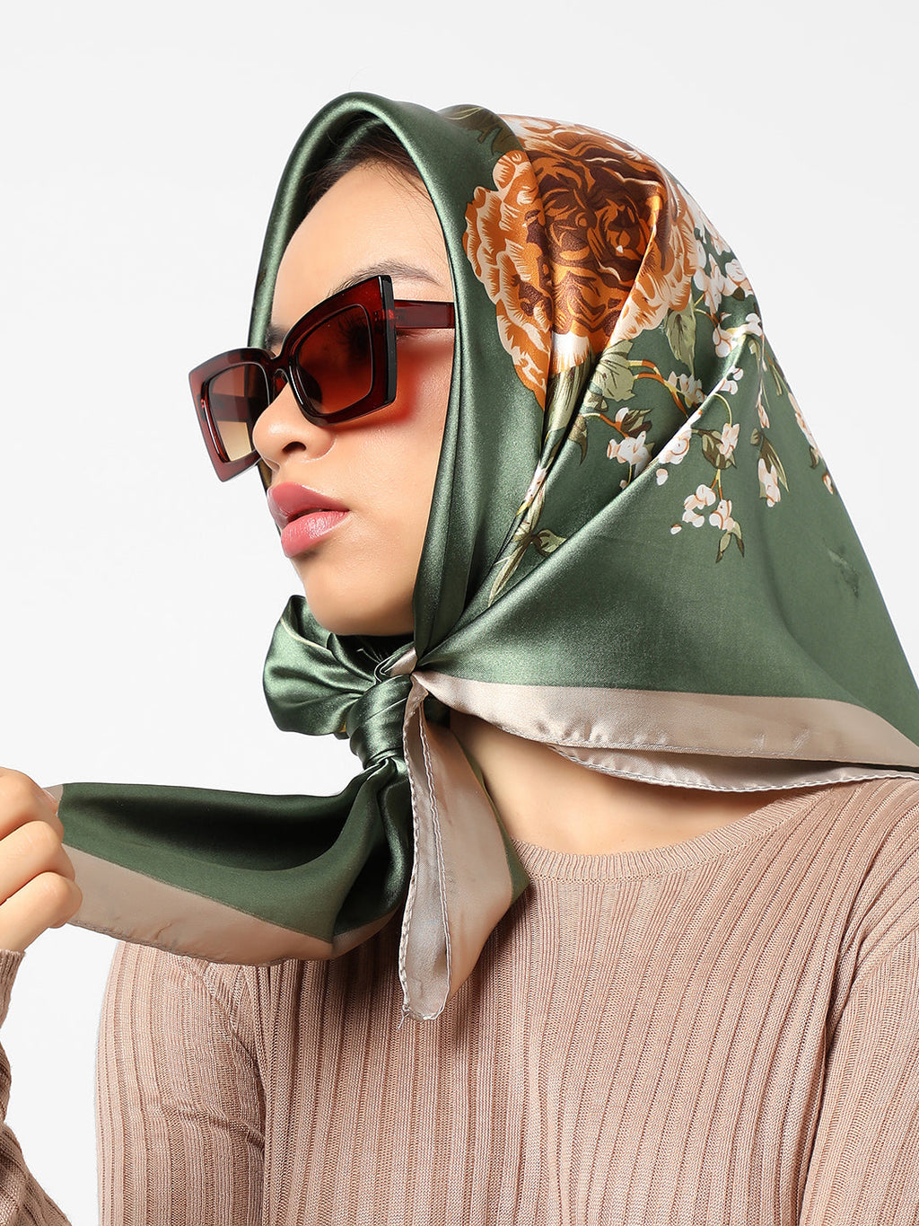 Printed Charcoal Grey & Orange Head Scarf