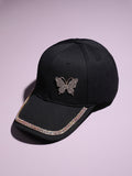Rhinestone Butterfly Baseball Cap - Black