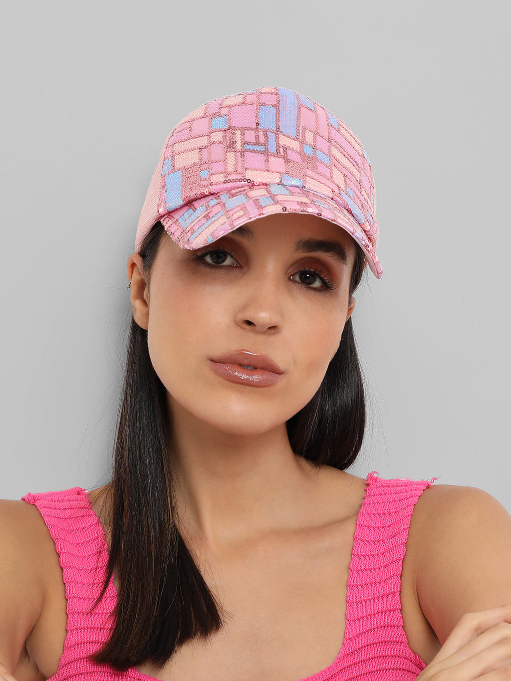 Sequin Block Baseball Cap - Baby Pink
