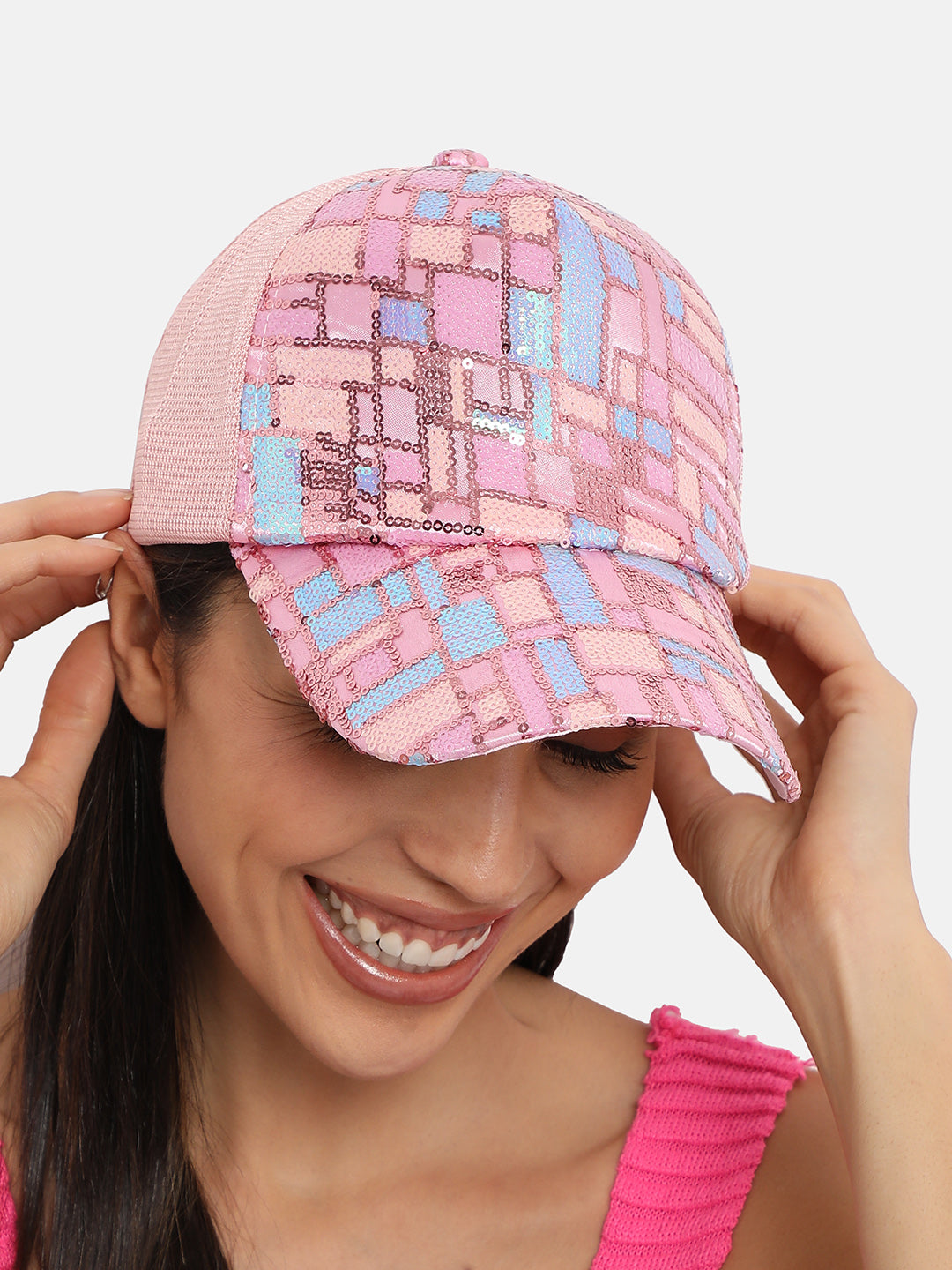 Sequin Block Baseball Cap - Baby Pink