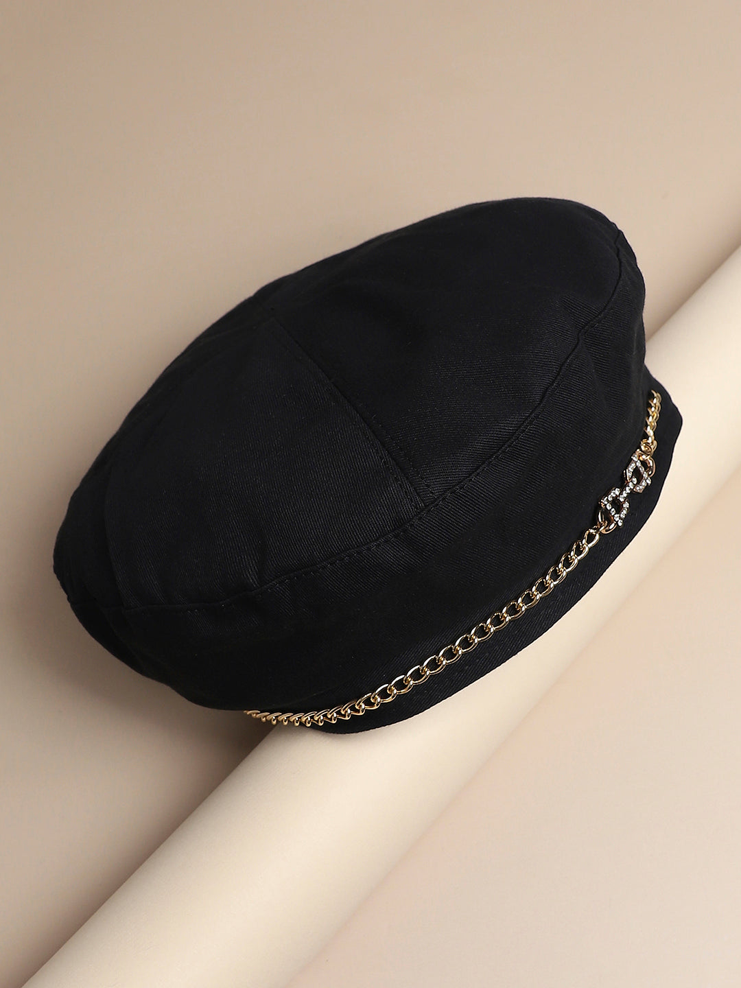 Rhinestone Chain Beret Hat - Black