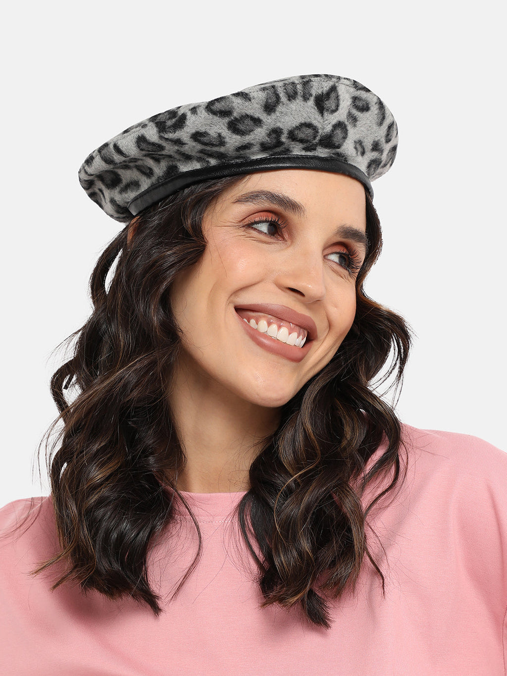 Leopard Print Beret Hat - Light Grey