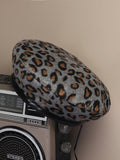 Leopard Print Beret Hat - Grey
