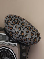 Leopard Print Beret Hat - Grey
