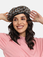 Leopard Print Beret Hat - Grey