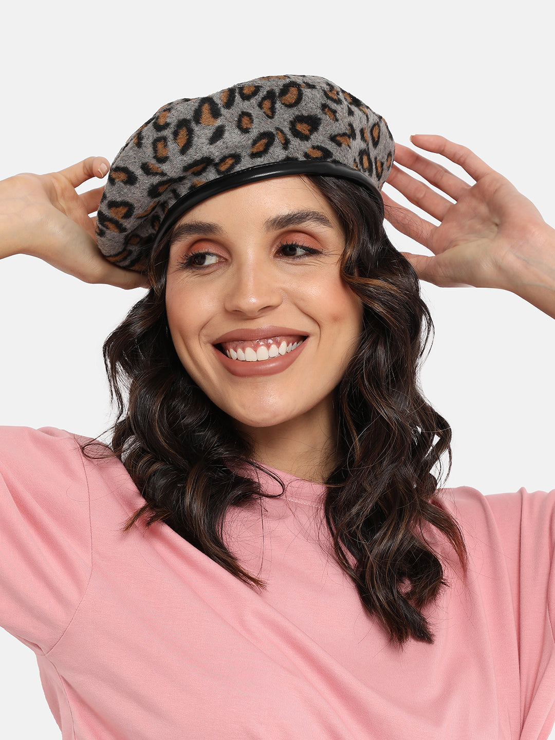 Leopard Print Beret Hat - Grey