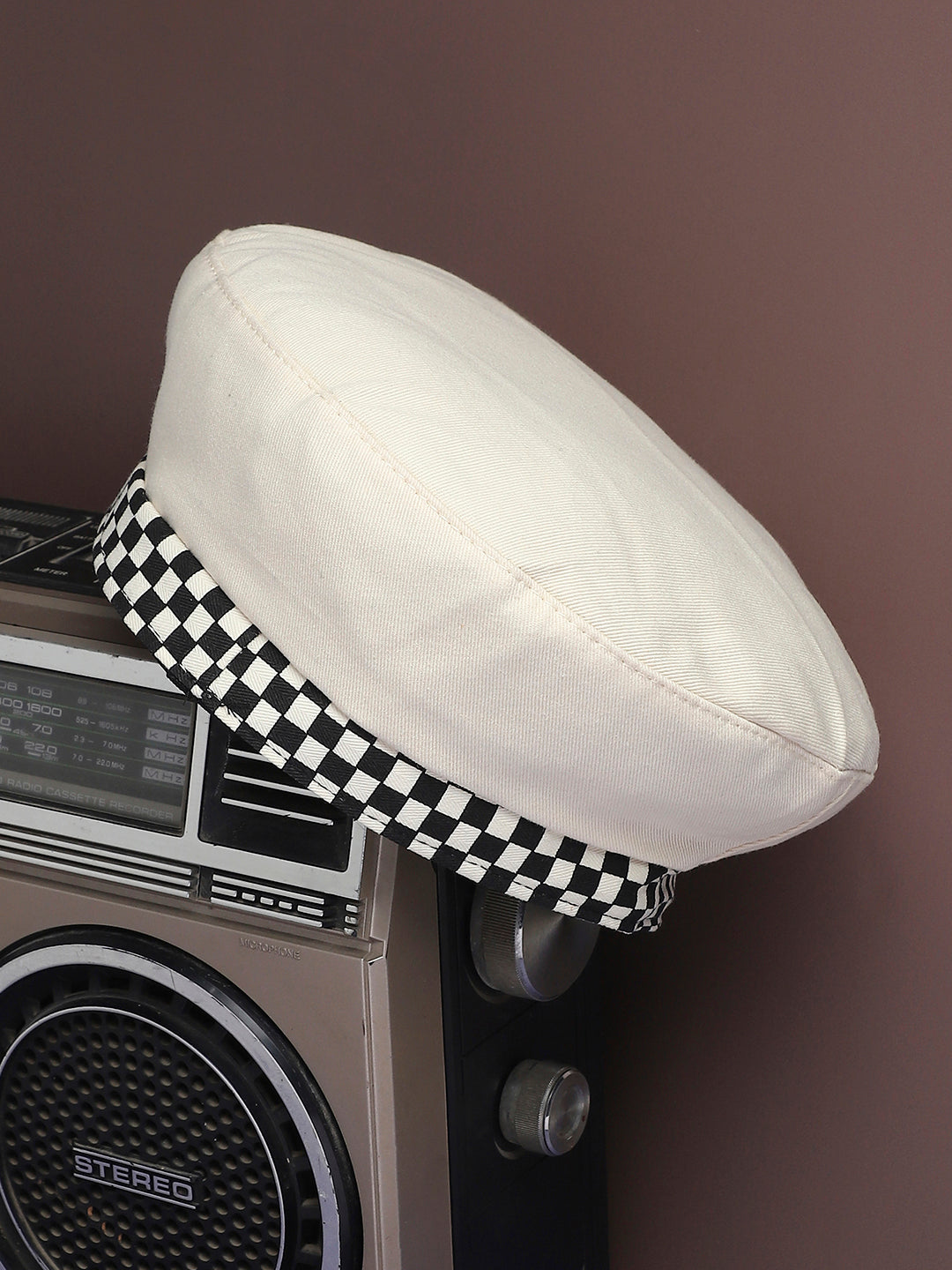 Checkered Lined Beret Hat - White