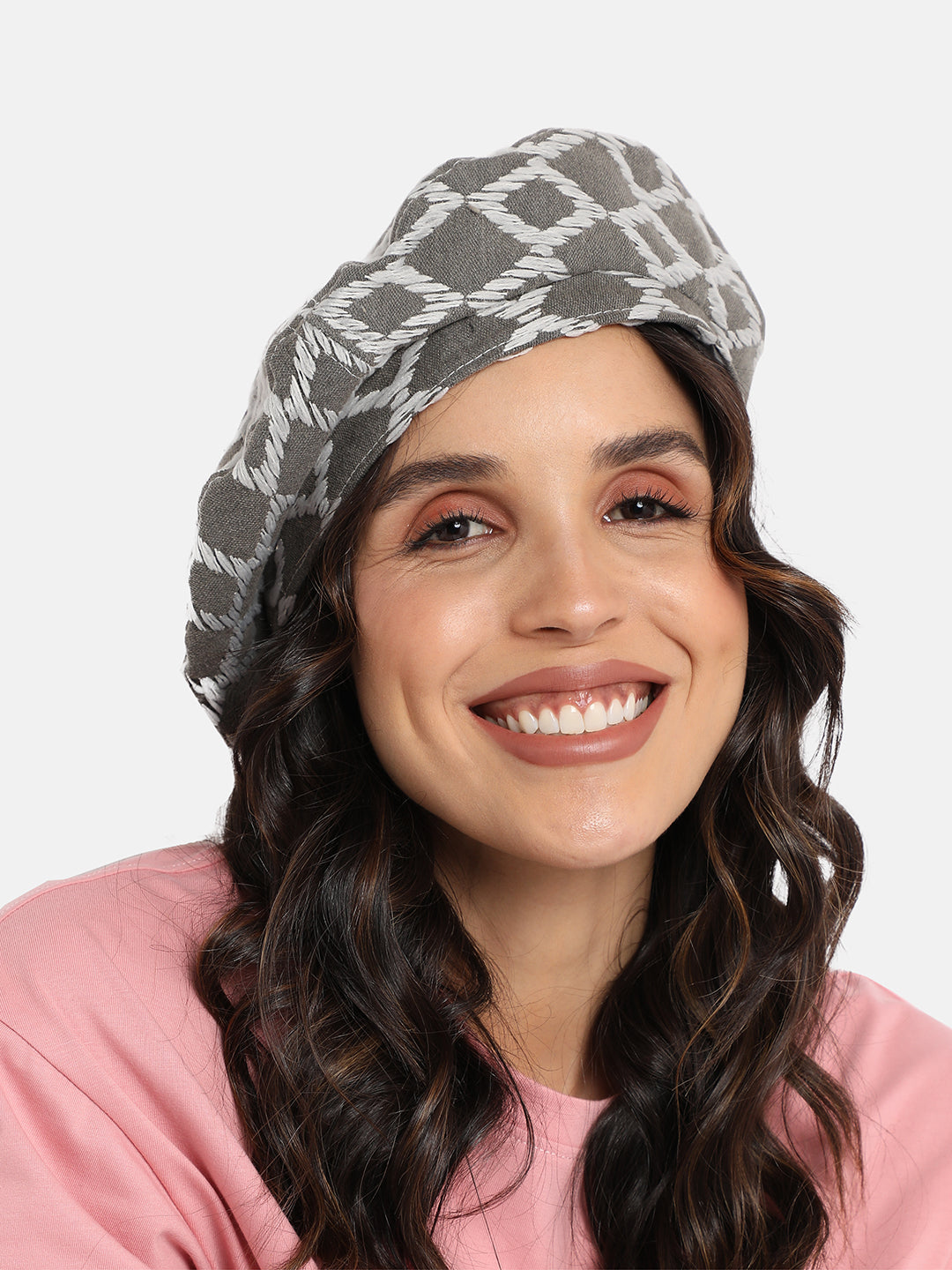 Haute Sauce Rhombus Weave Beret Hat - Grey & White