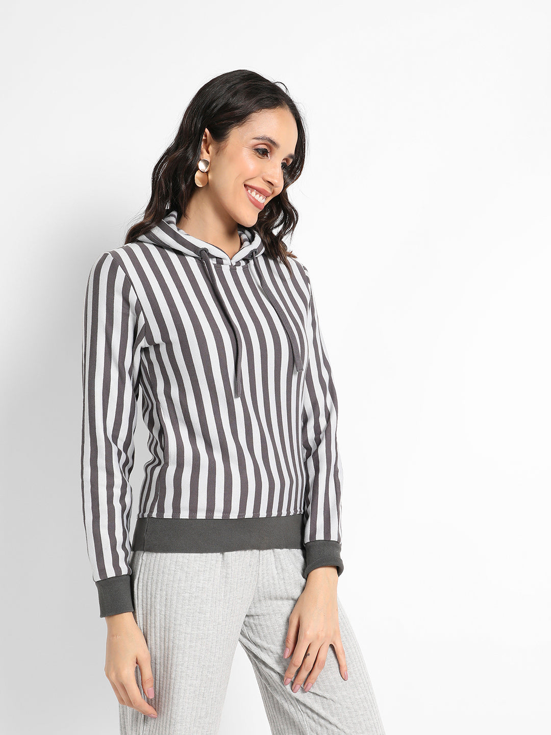 Candy Striped Hoodie With Ribbed Hem