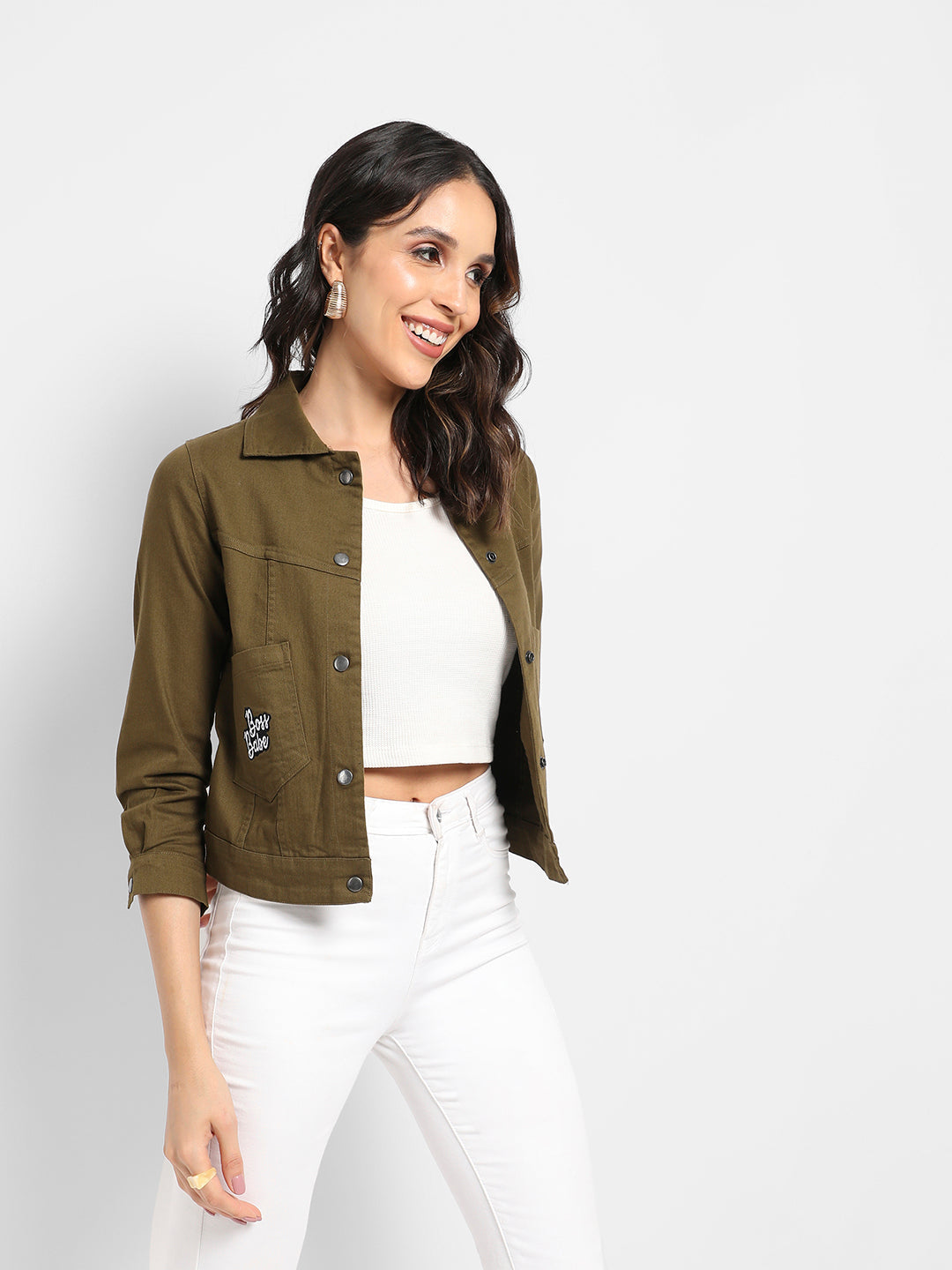 Patch Pocket Denim Jacket With Typographic Embroidery