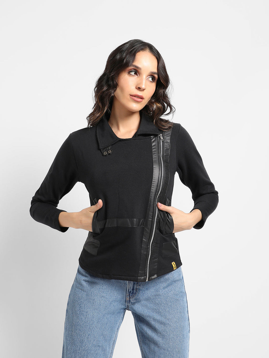 Zip-Front Biker Jacket With Self-Design Panels