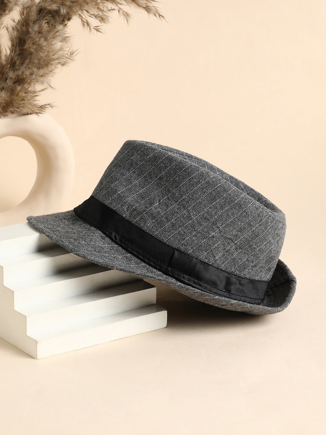 Striped Fedora Hat - Grey
