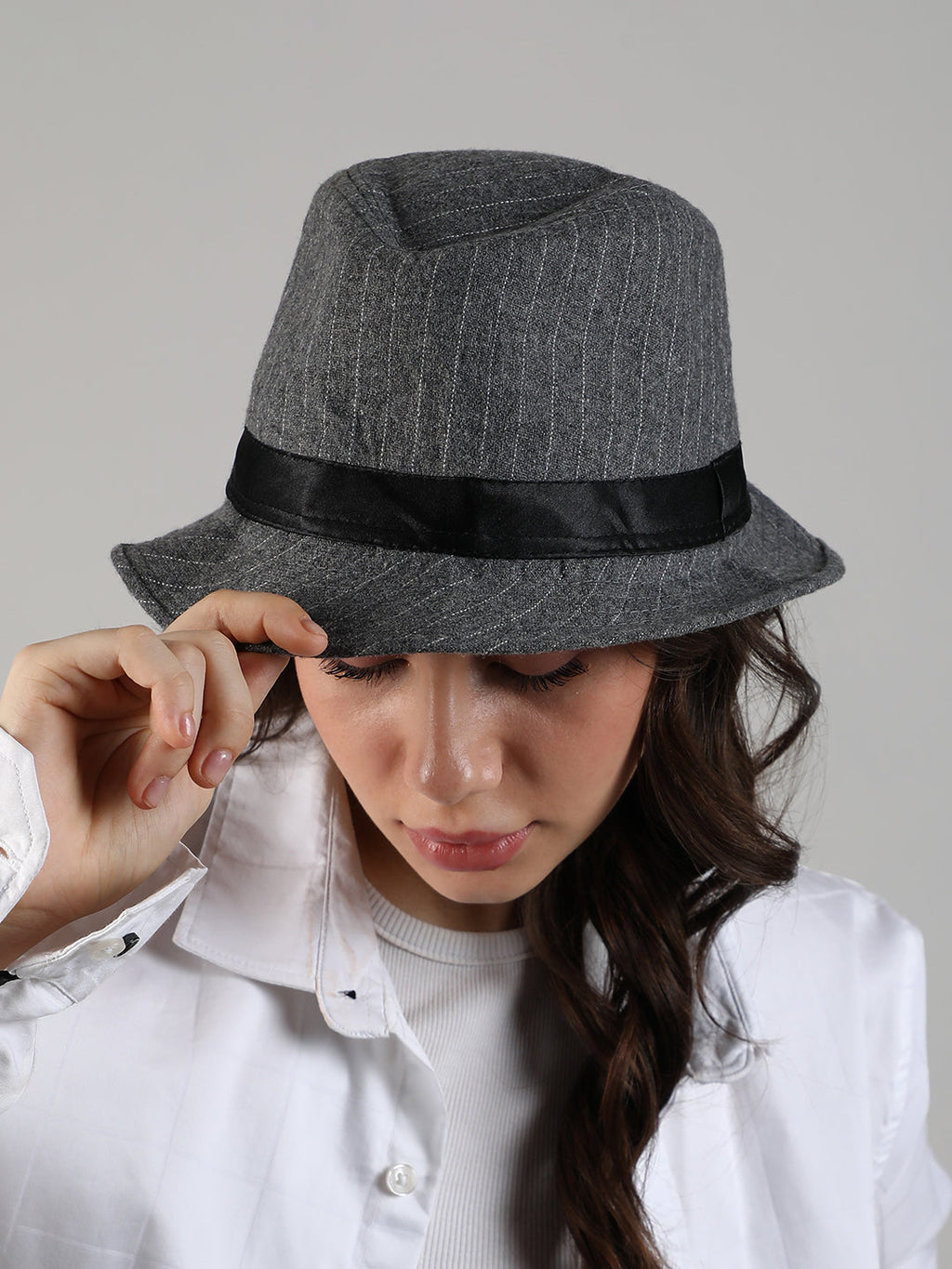 Striped Fedora Hat - Grey