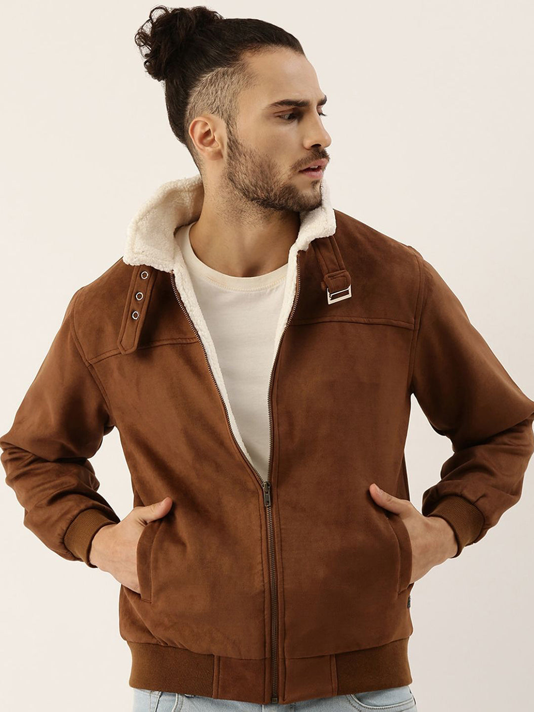 Campus Sutra Fur-Lined Suede Bomber Jacket