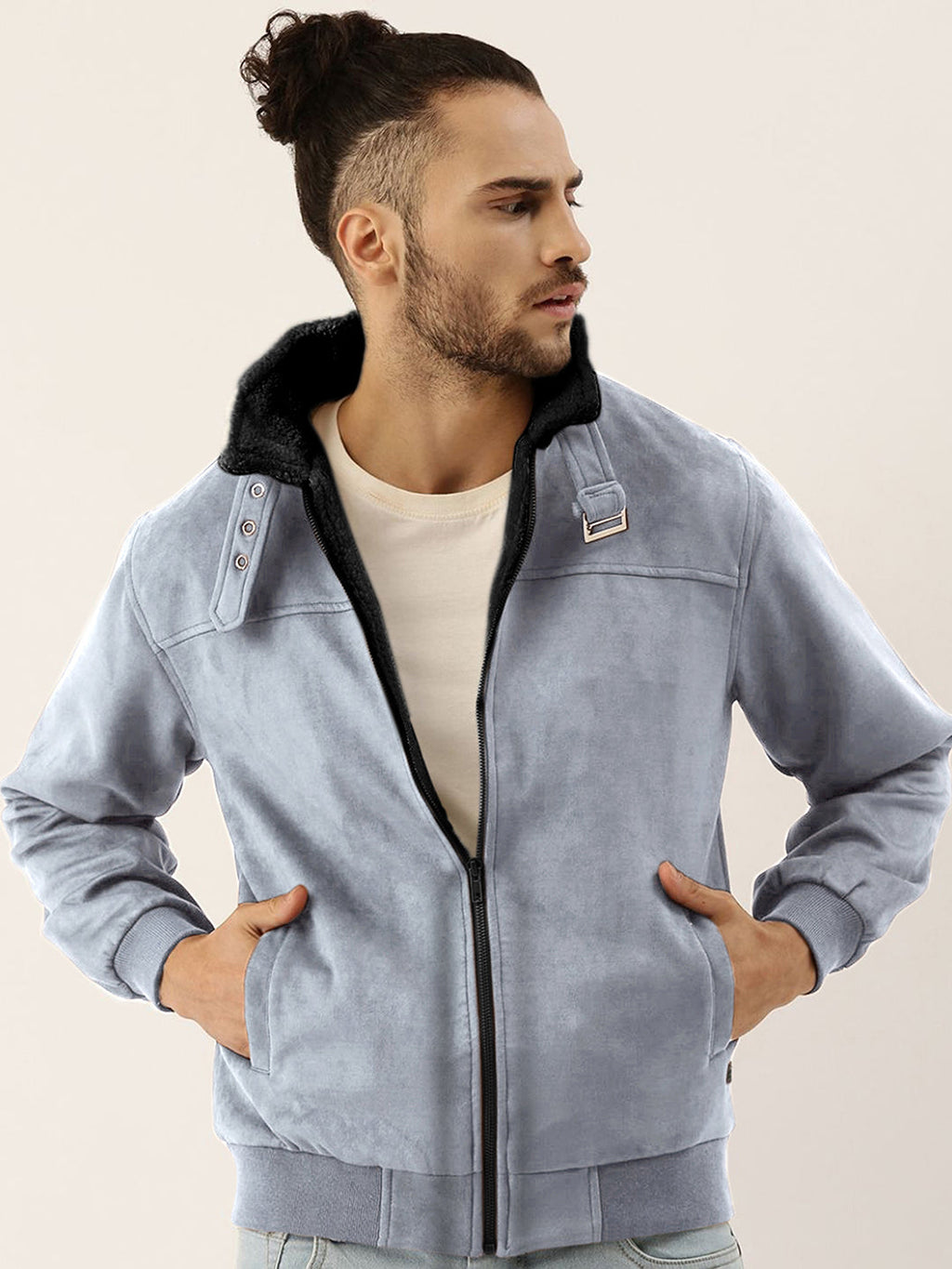 Campus Sutra Fur-Lined Suede Bomber Jacket