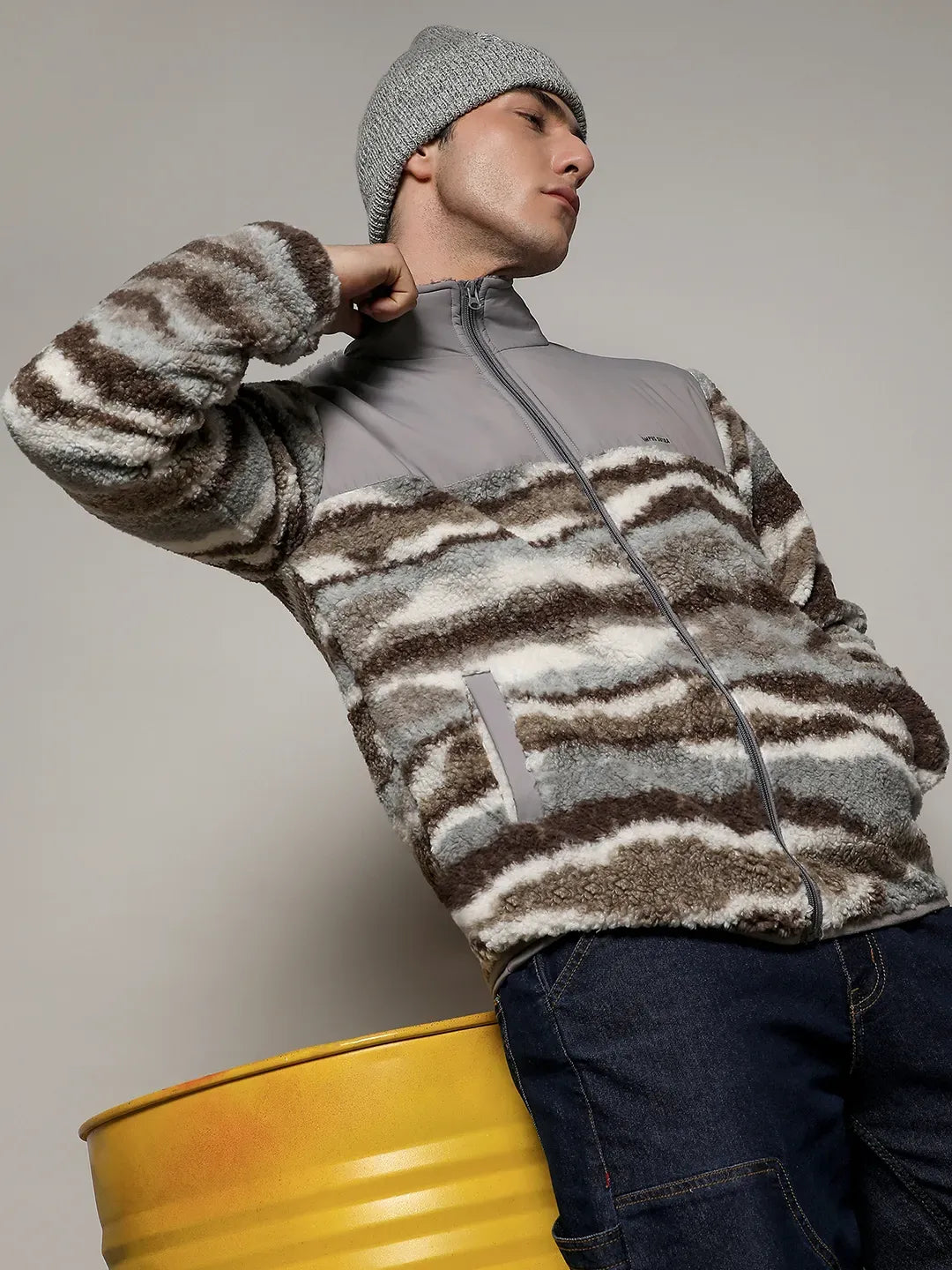 Campus Sutra Camouflage Sherpa Zip-Front Jacket