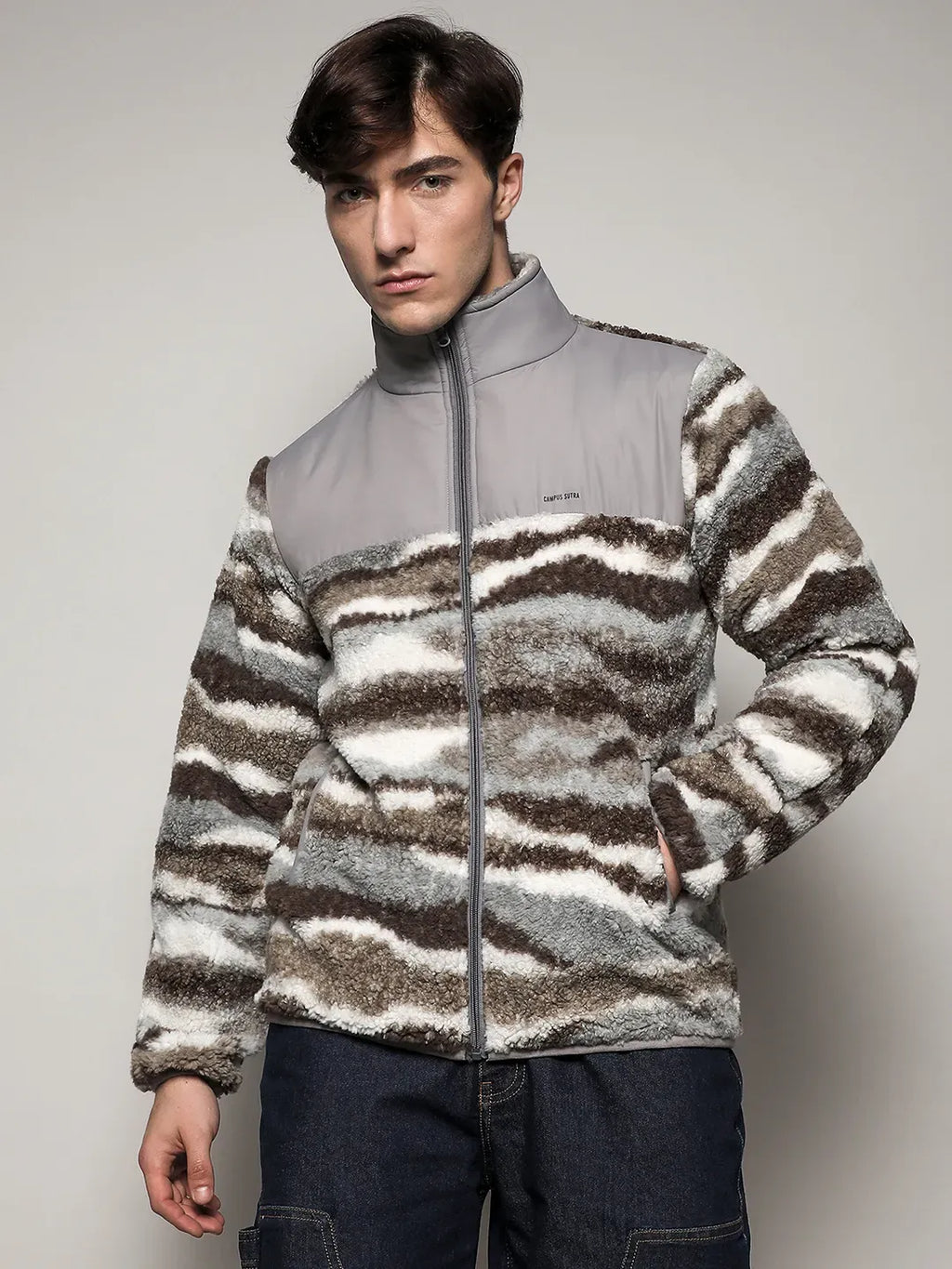 Campus Sutra Camouflage Sherpa Zip-Front Jacket