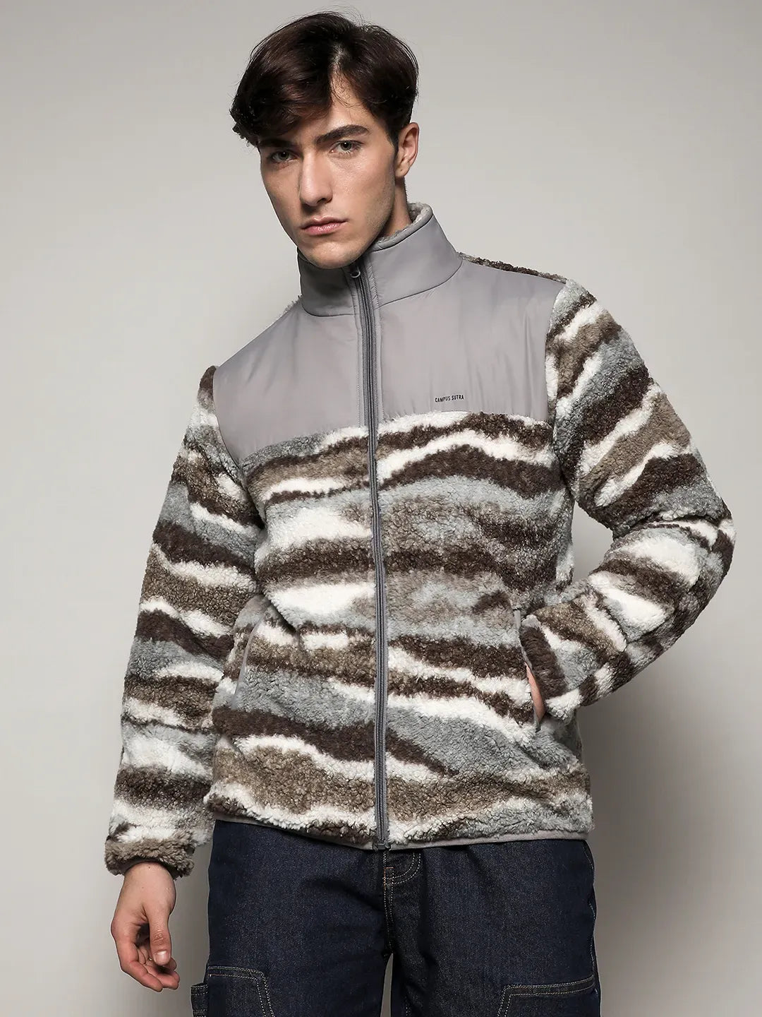 Campus Sutra Camouflage Sherpa Zip-Front Jacket