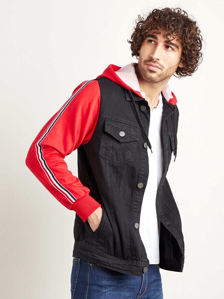 Campus Sutra Dark-Wash Denim Jacket With Sweatshirt Sleeve