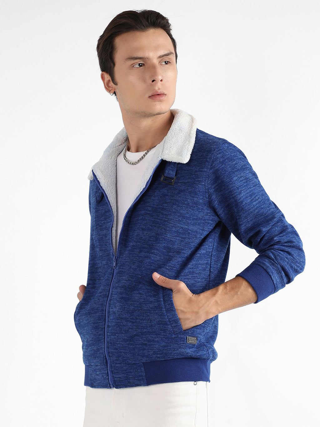 Campus Sutra Heathered Jacket With Fleece Detail