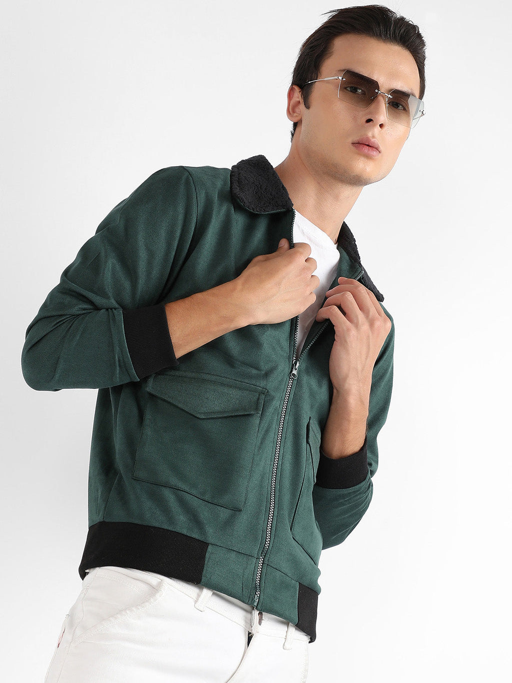 Campus Sutra Zip-Front Jacket With Fleece Collar