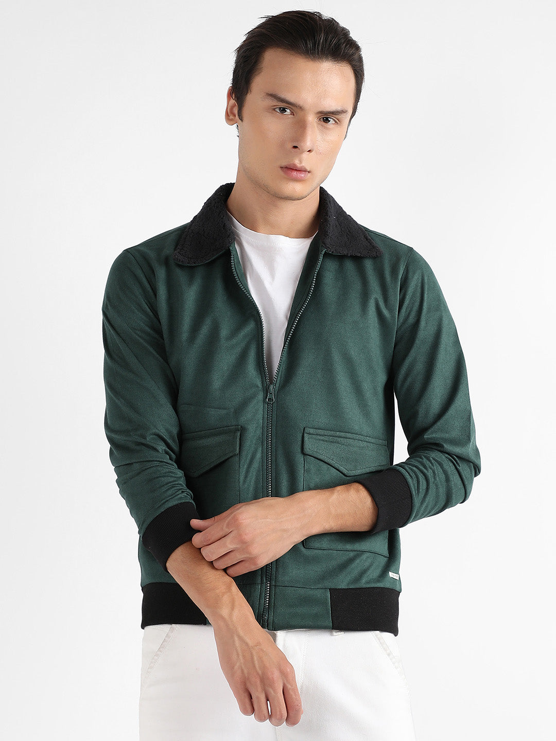 Campus Sutra Zip-Front Jacket With Fleece Collar