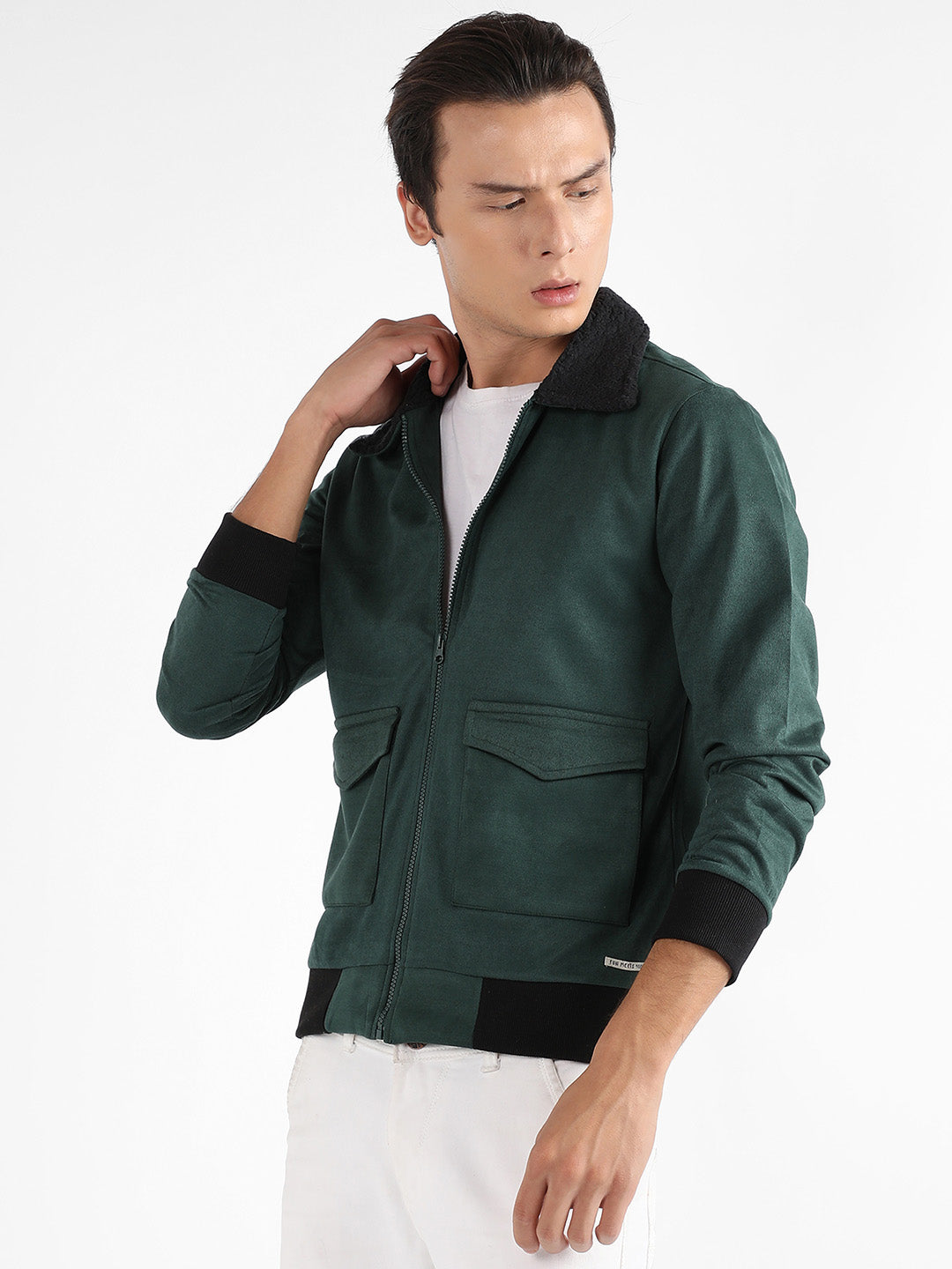 Campus Sutra Zip-Front Jacket With Fleece Collar