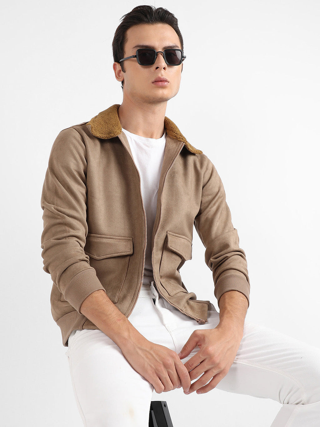 Campus Sutra Zip-Front Jacket With Fleece Collar