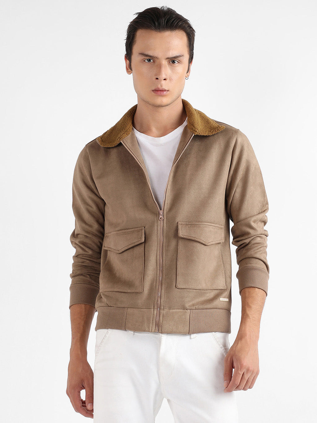 Campus Sutra Zip-Front Jacket With Fleece Collar