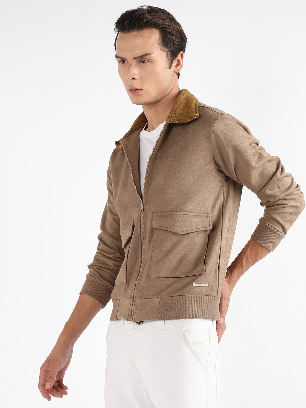 Campus Sutra Zip-Front Jacket With Fleece Collar