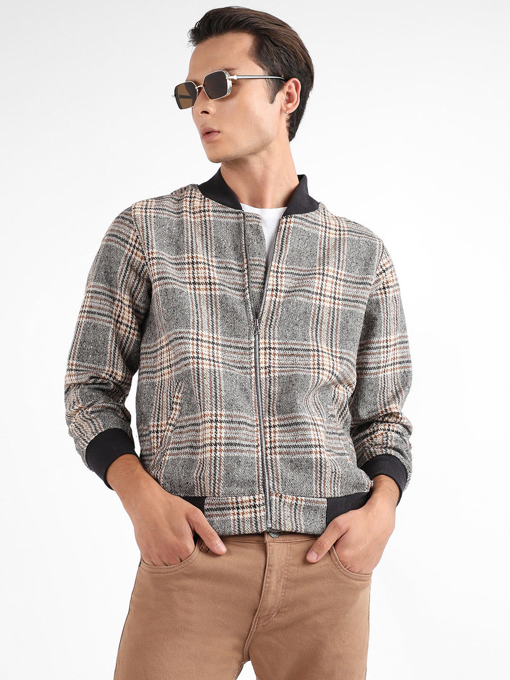 Campus Sutra Tartan Plaid Jacket With Ribbed Hem