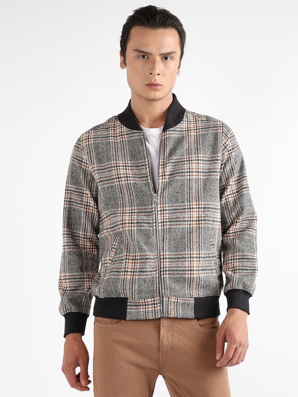 Campus Sutra Tartan Plaid Jacket With Ribbed Hem