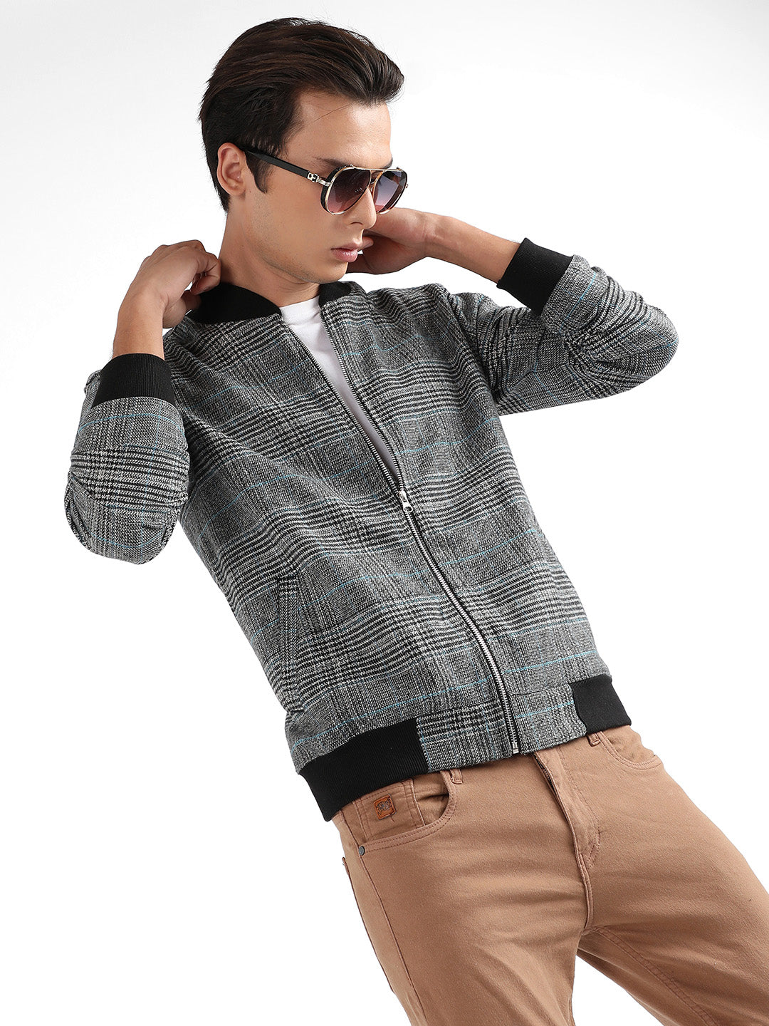 Campus Sutra Tartan Plaid Jacket With Ribbed Hem