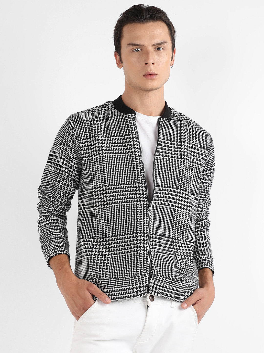Campus Sutra Zip-Front Houndstooth Jacket