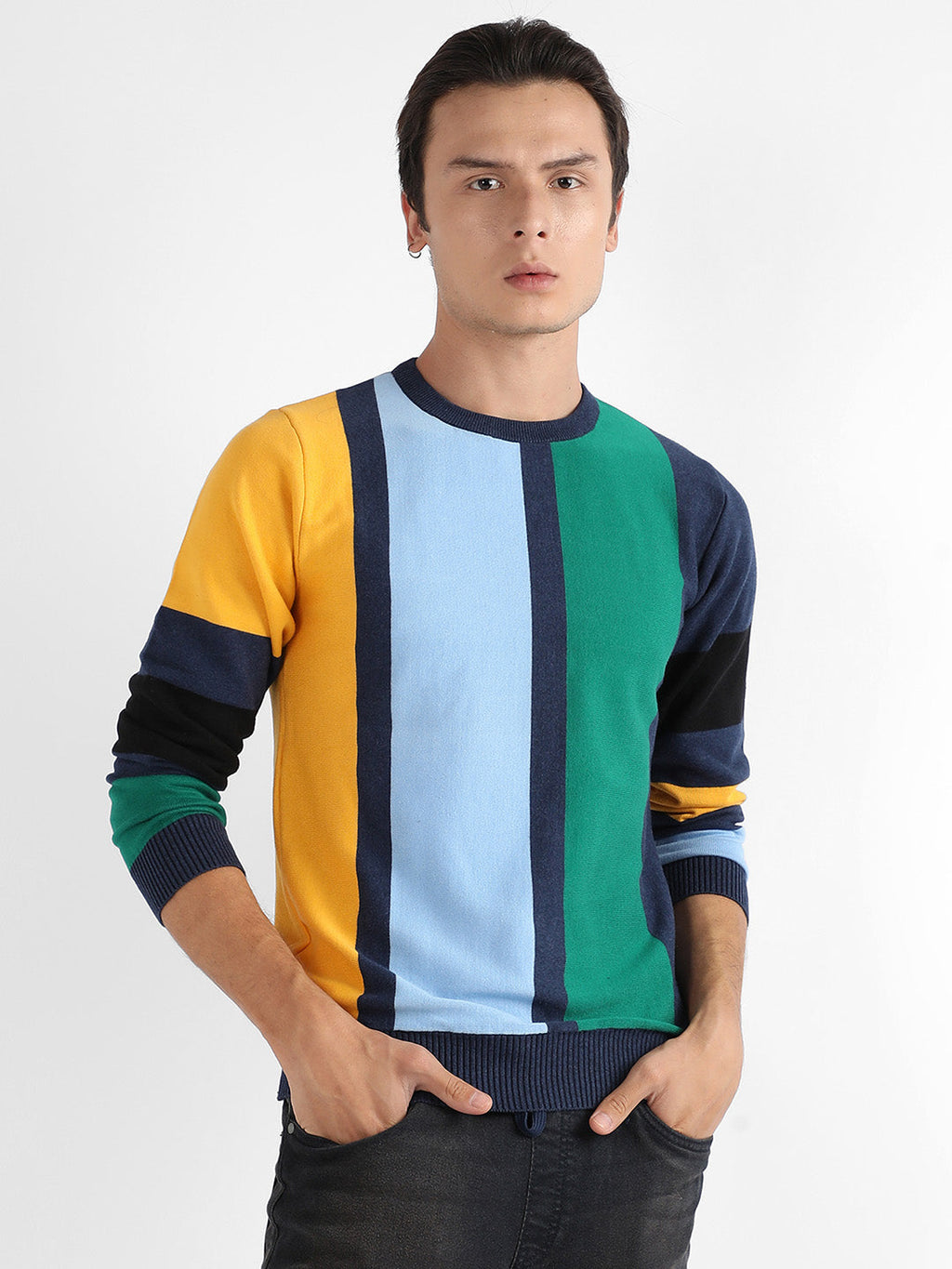 Campus Sutra Contrast Panel Relaxed Pullover Sweater